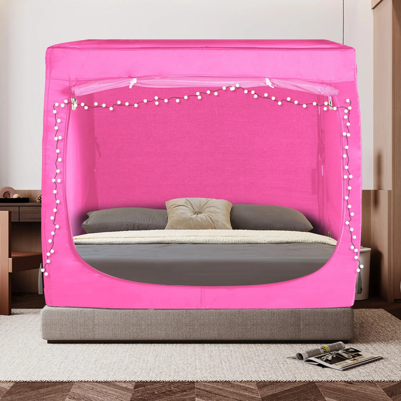 Pink RIYDH rectangular bed tent over a made bed