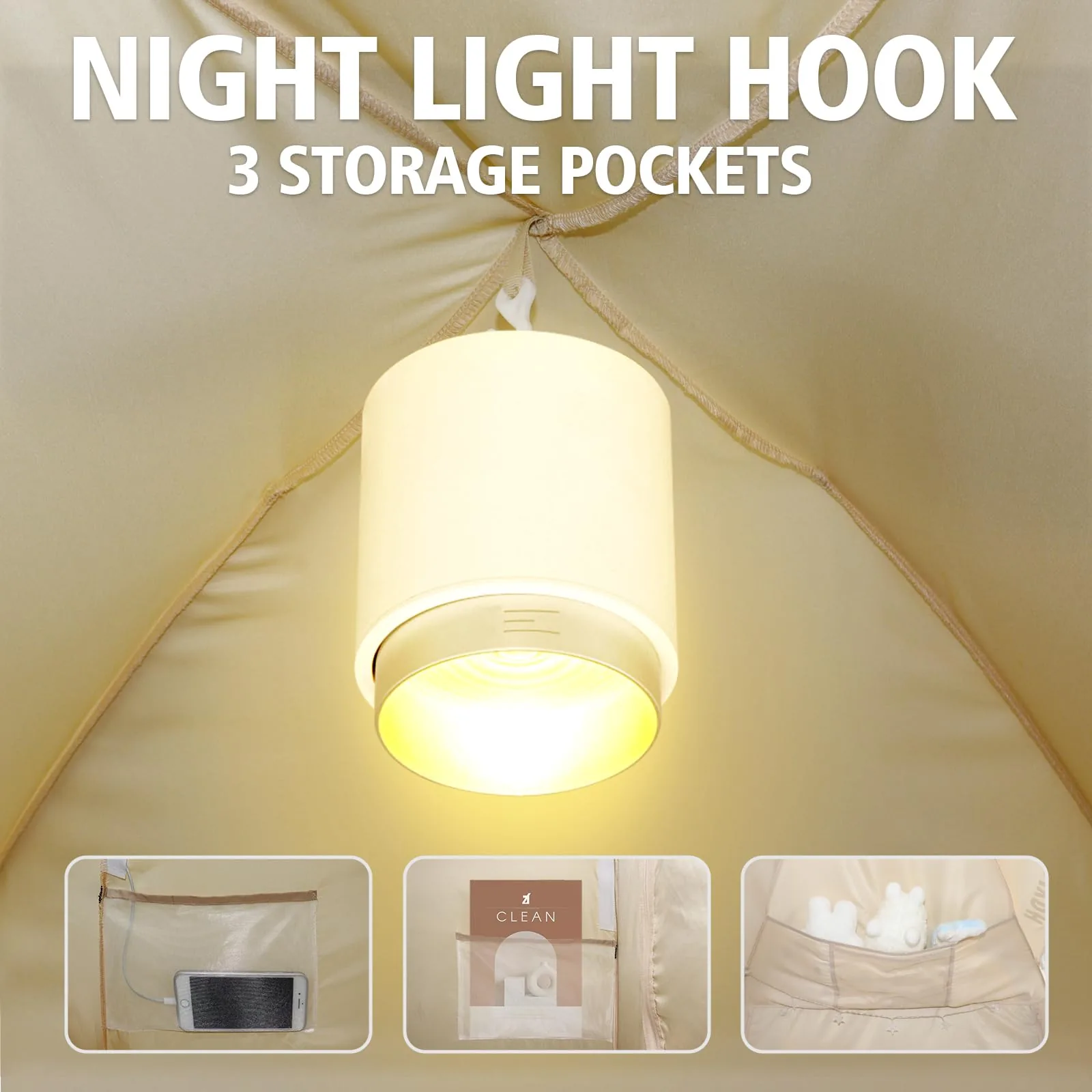 Night light hanging from the hook inside a RIYDH tent, with storage pockets below