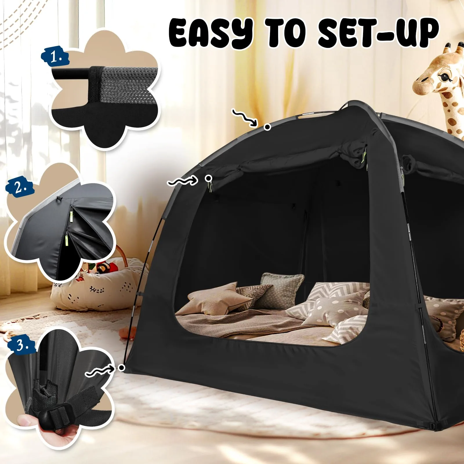 Three-step setup of a black RIYDH bed tent