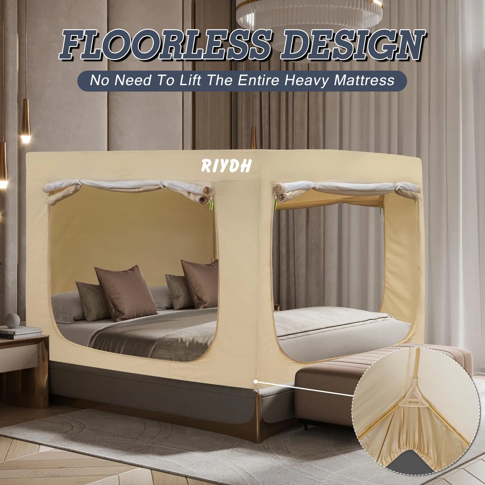 Khaki floorless RIYDH bed tent over a mattress