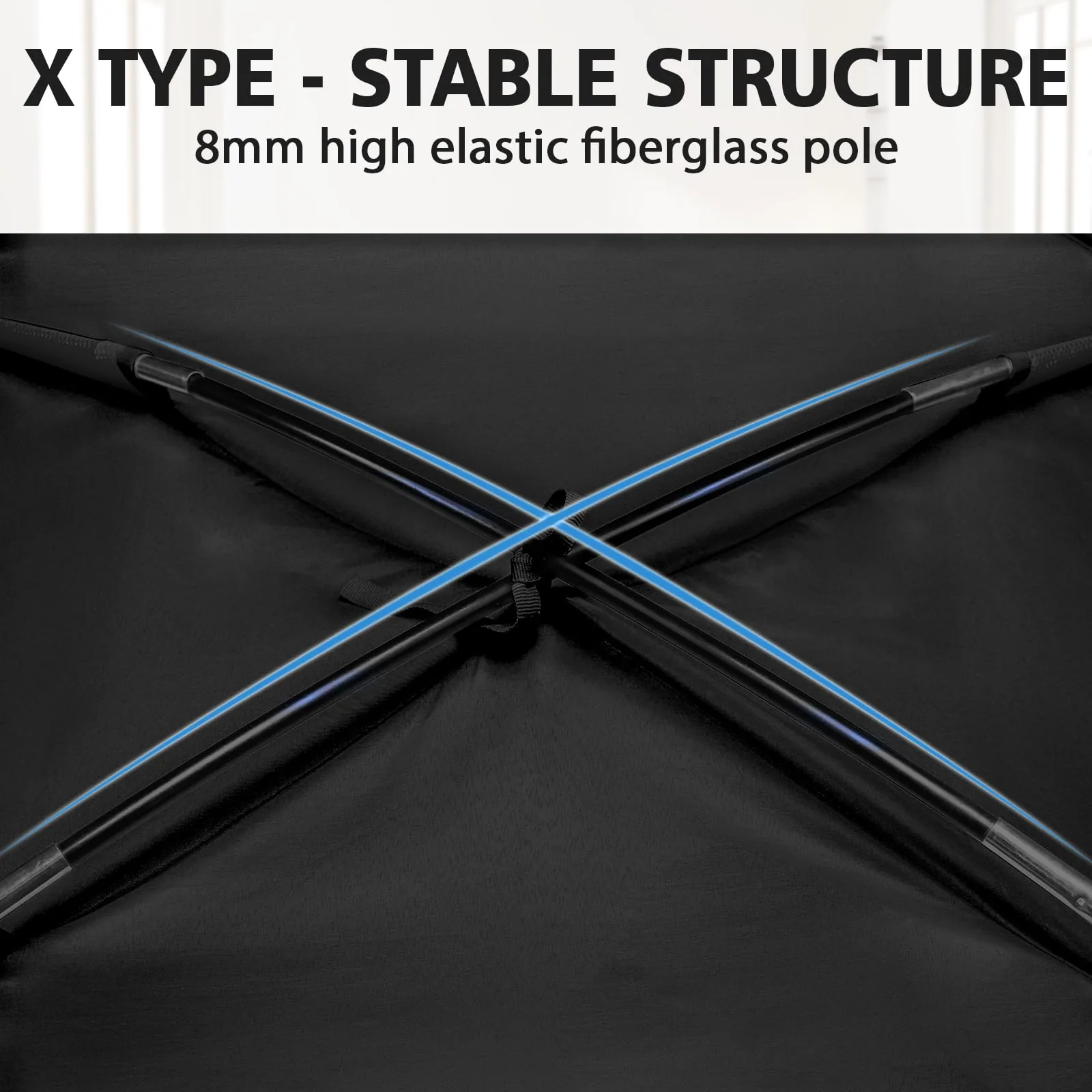 Fiberglass poles crossing in an X shape on top of a black RIYDH tent