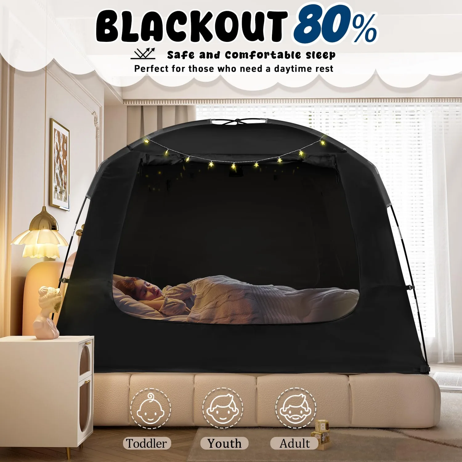 Bed Tent with Star Lights Original Design Privacy Blackout 80% for Adult and Kids- Breathable 100% Floor Bed Canopy 4 Doors Sleeping Dream Indoor Portable Big Space Twin Full Queen King Size Tents